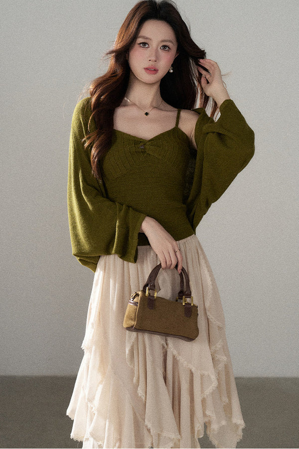 V-Neck Knitted Cardigan and Camisole Set-Up