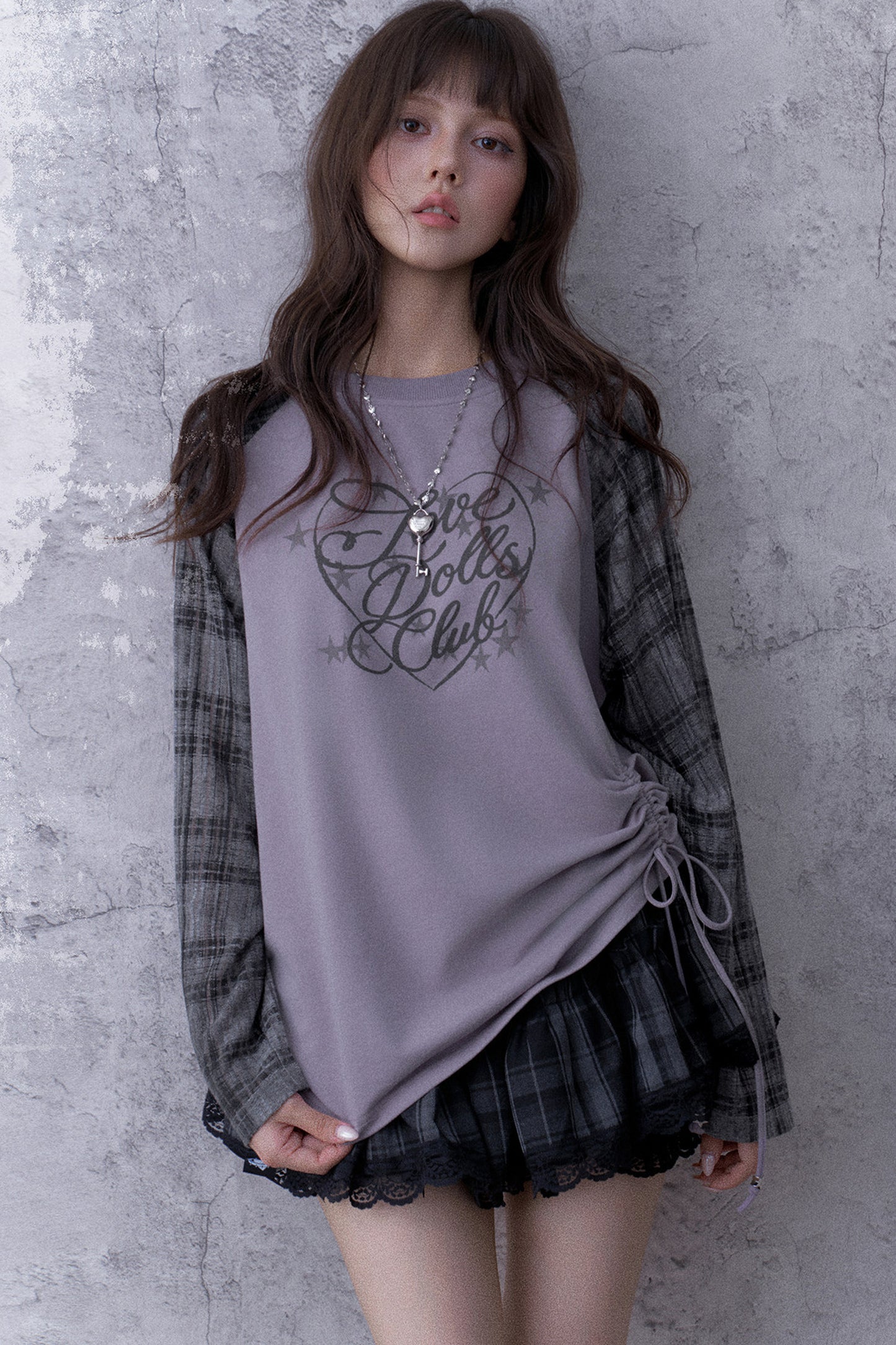 Gray-Purple Raglan Sleeve Printed Drawstring T-Shirt and Plaid Skirt Set