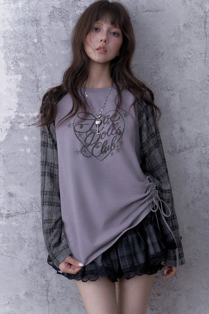 Gray-Purple Raglan Sleeve Printed Drawstring T-Shirt and Plaid Skirt Set