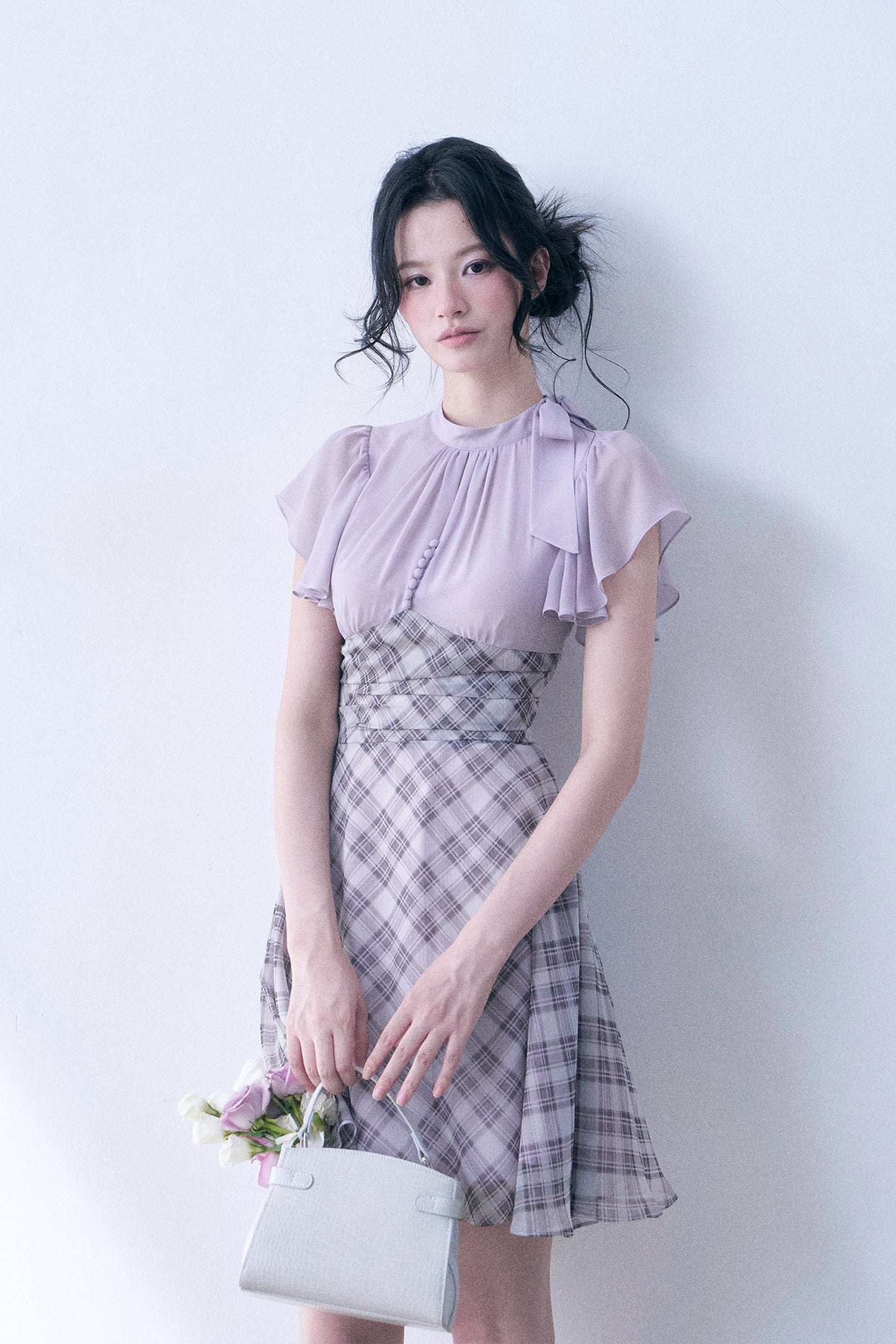 Lavender Plaid Flutter Dress