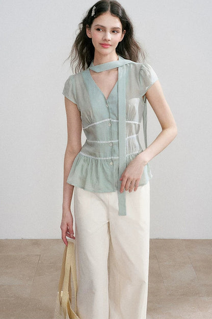 Tencel V-Neck Ribbon Blouse