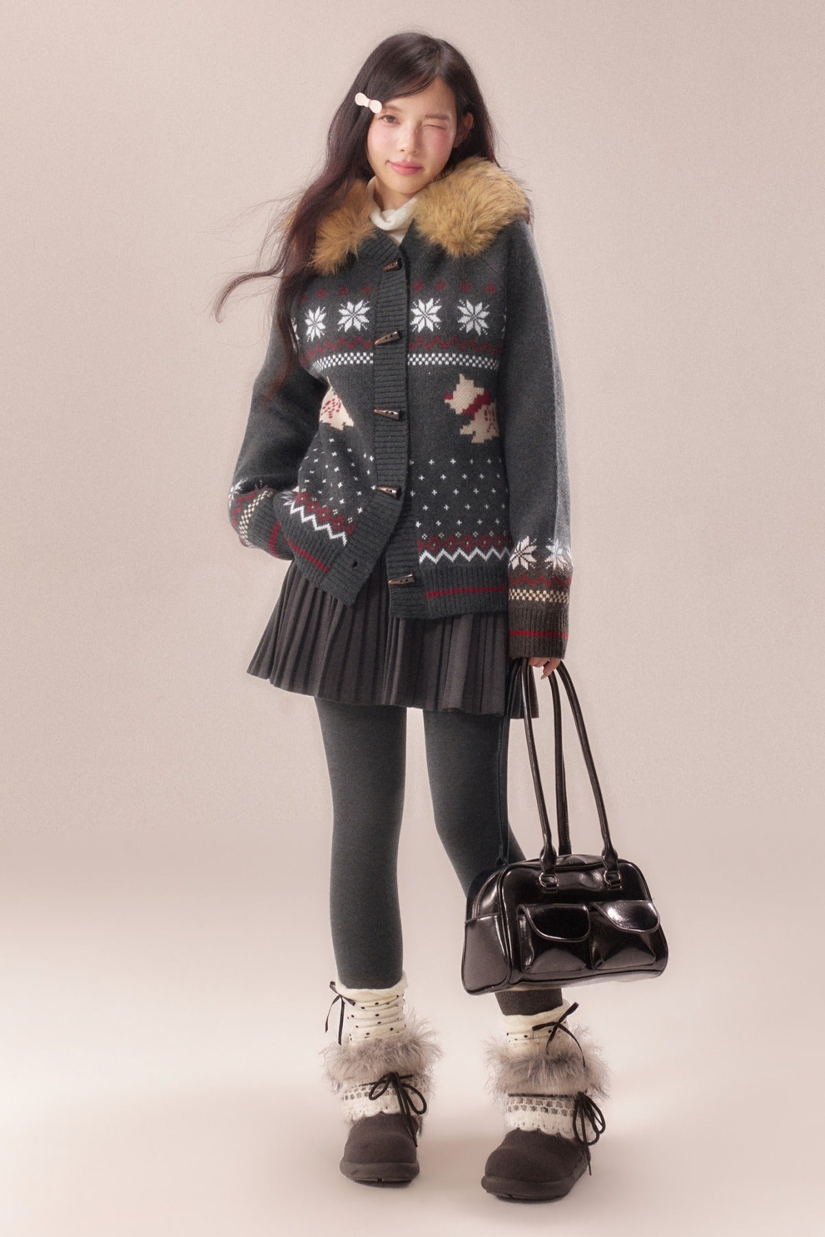 Cárdigan Fair Isle con cuello de pelo de perro