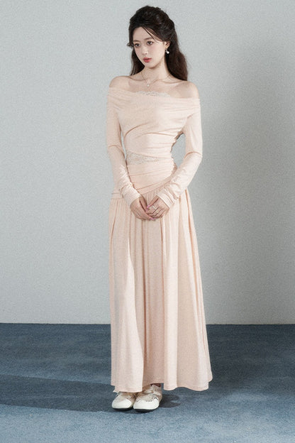 Pink Drape Neck Knit Long Dress