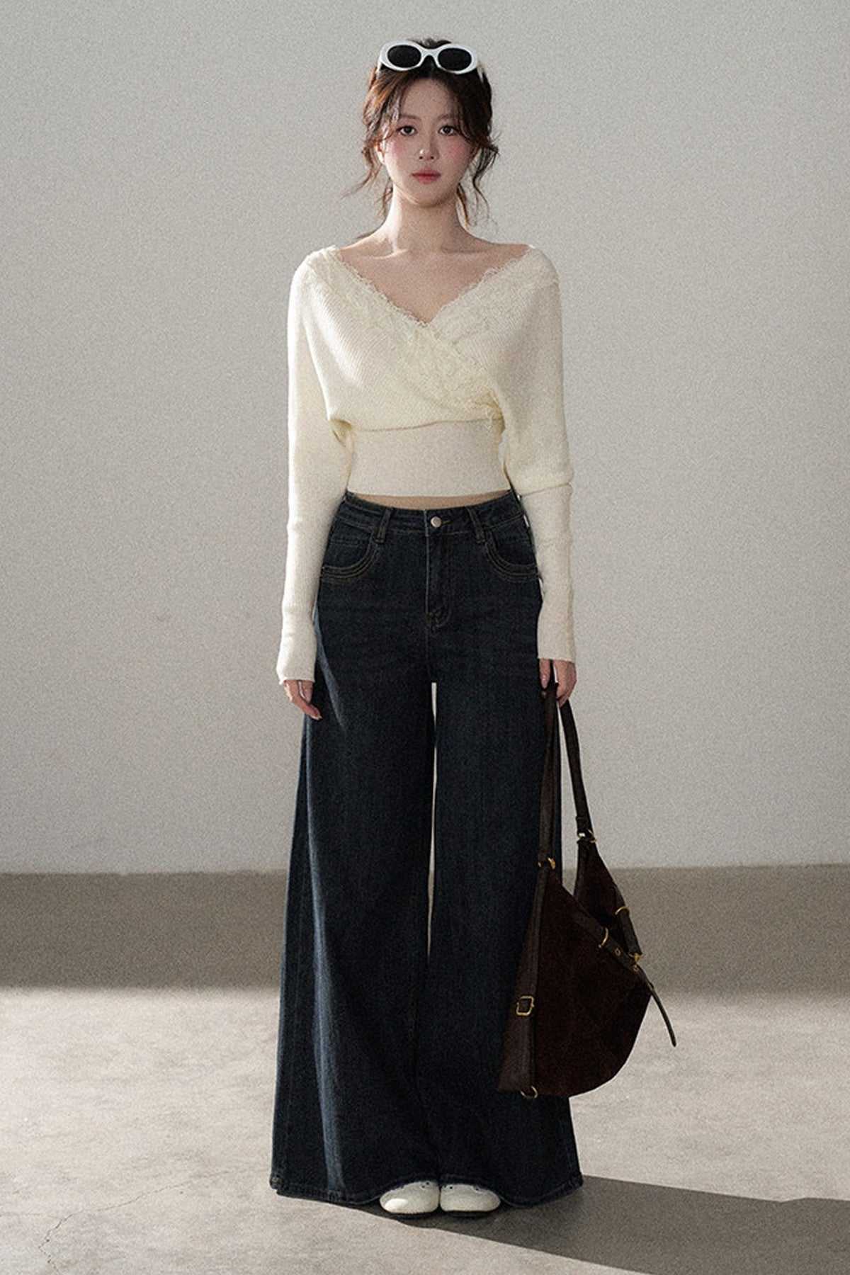 V-Neck Hollow Knit Top and Jeans Set-Up