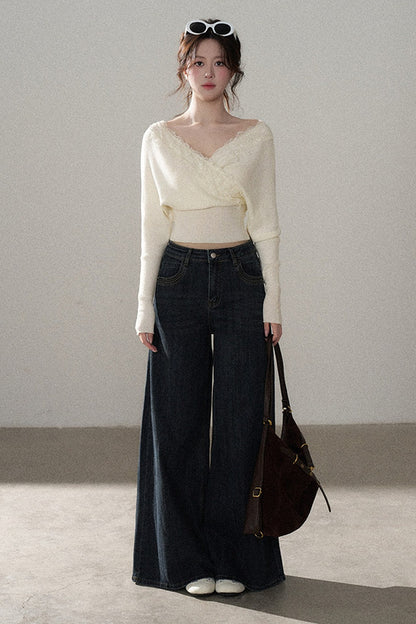 V-Neck Hollow Knit Top and Jeans Set-Up