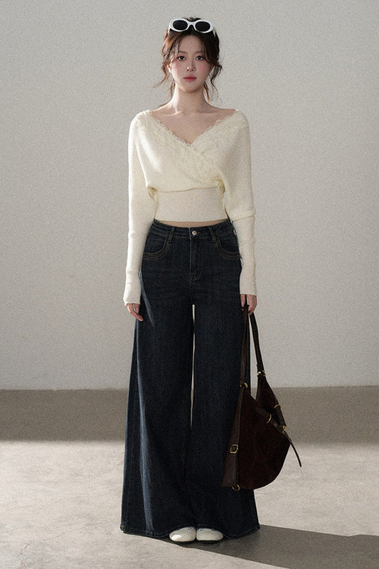 V-Neck Hollow Knit Top and Jeans Set-Up