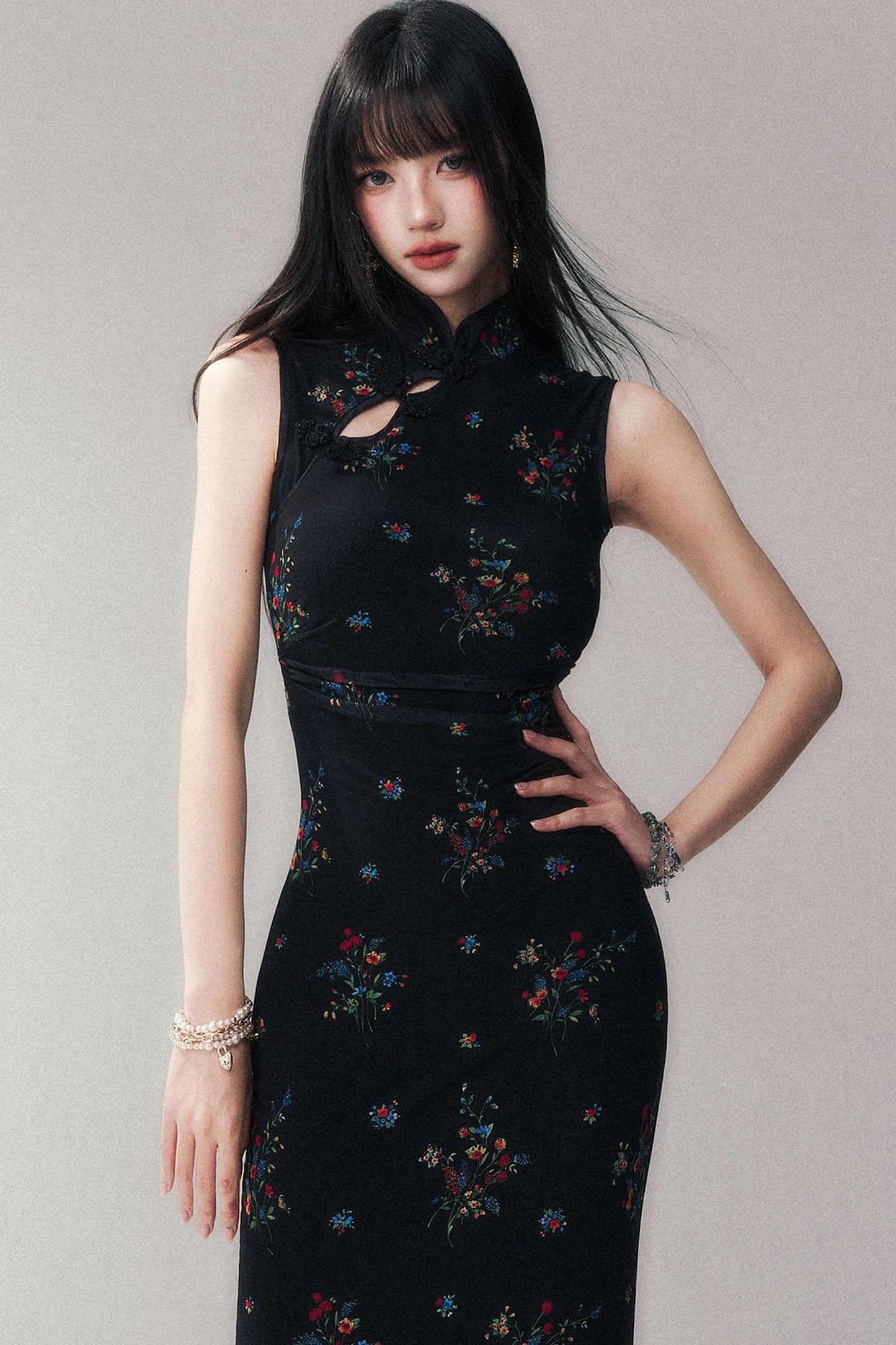 Floral Mesh Cheongsam Long Dress