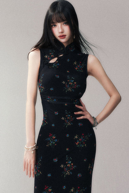 Floral Mesh Cheongsam Long Dress