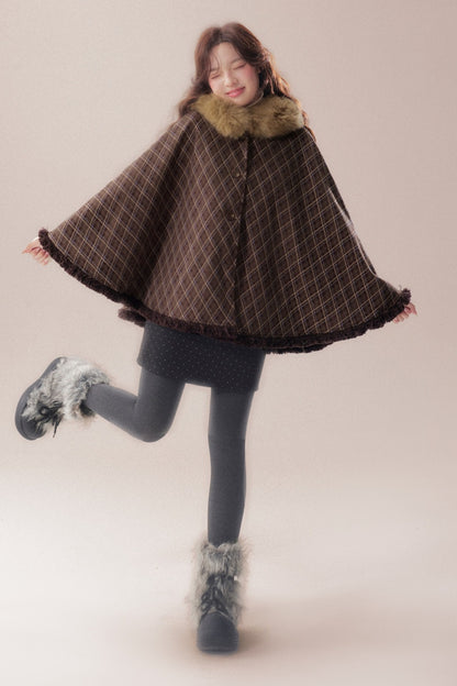 Plaid Fur Collar Hooded Shawl Cape