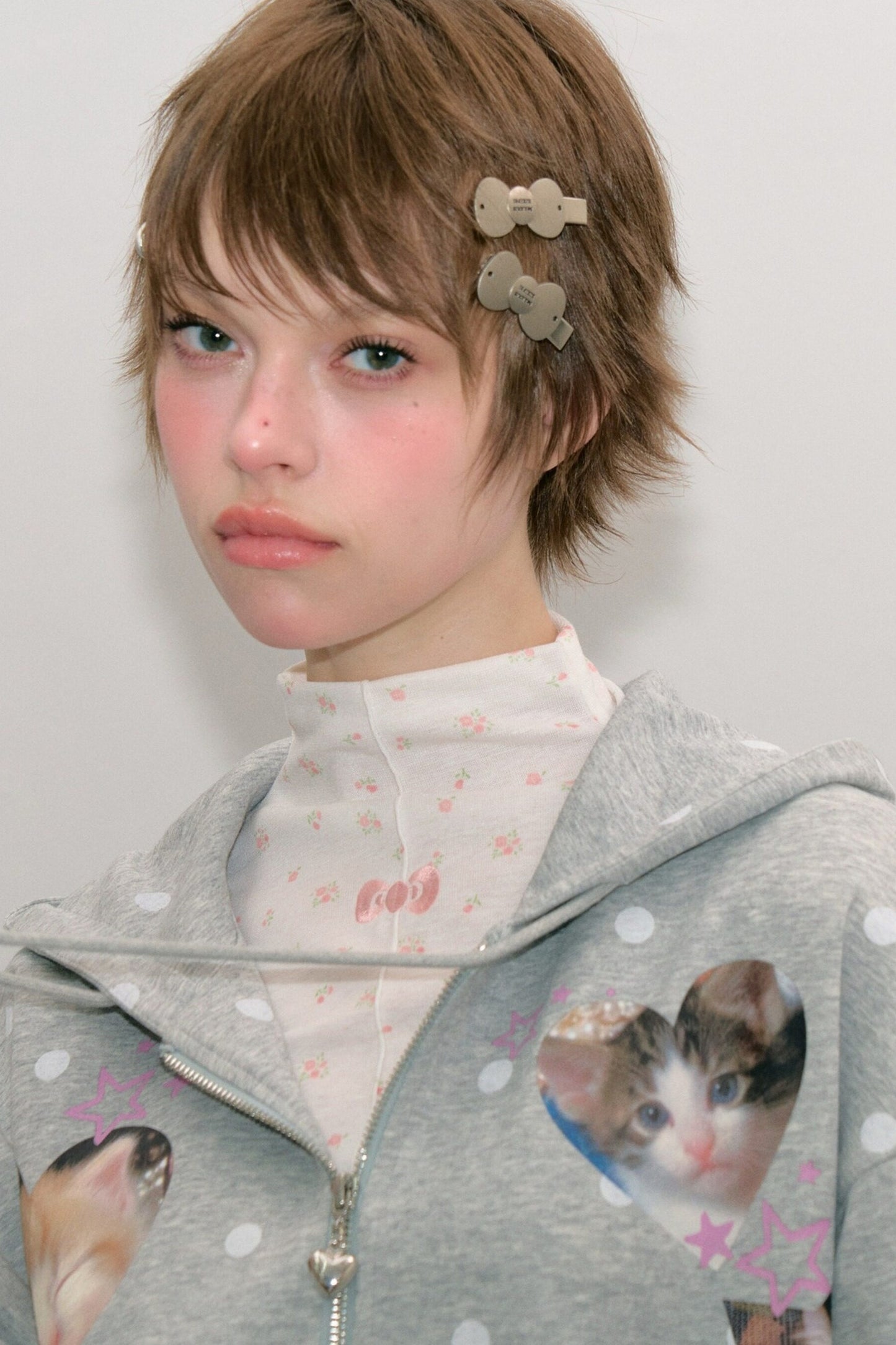 Cat Polka Dot Zipper Hooded Jacket