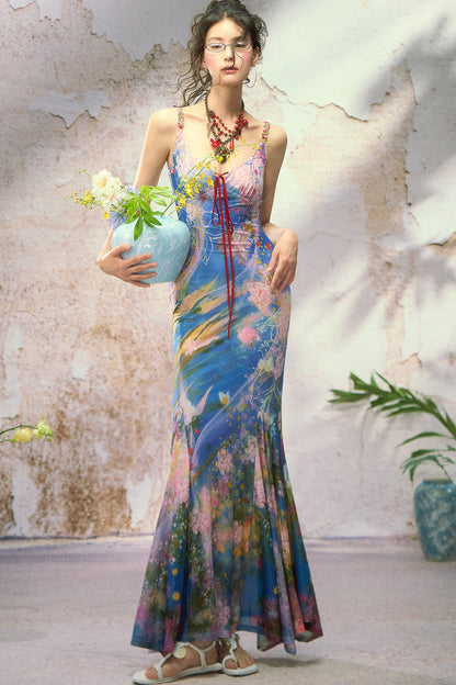 Neckholderkleid mit Ölgemälde-Print und weitem Saum