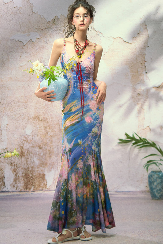 Neckholder-Kleid mit Ölgemälde-Print und weitem Saum