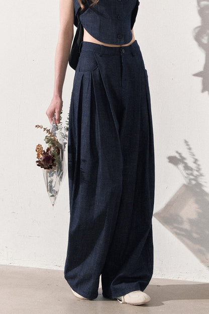 Layered-Look Faux Denim Vest and Wide Leg Pants Set-Up