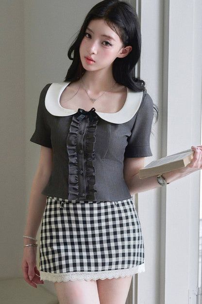 블랙 체크 러플 피터팬 칼라 셋업
