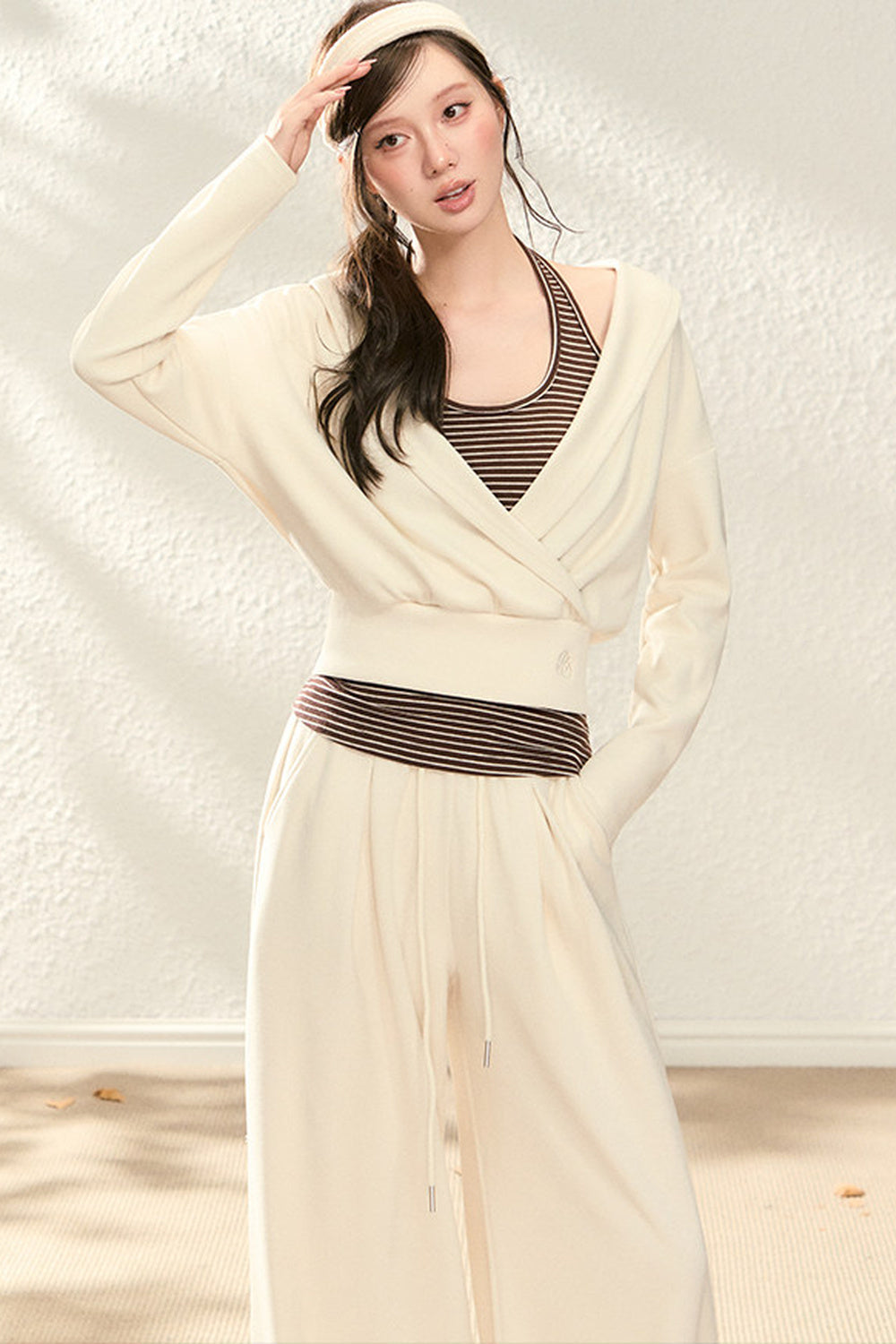 V-Neck Sweatshirt and Wide-Leg Pants Set-Up