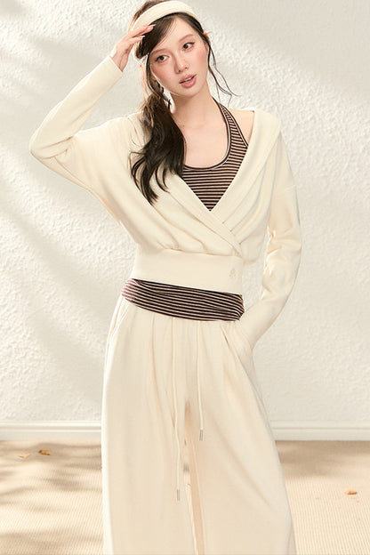 V-Neck Sweatshirt and Wide-Leg Pants Set-Up