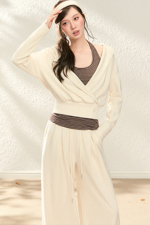 V-Neck Sweatshirt and Wide-Leg Pants Set-Up