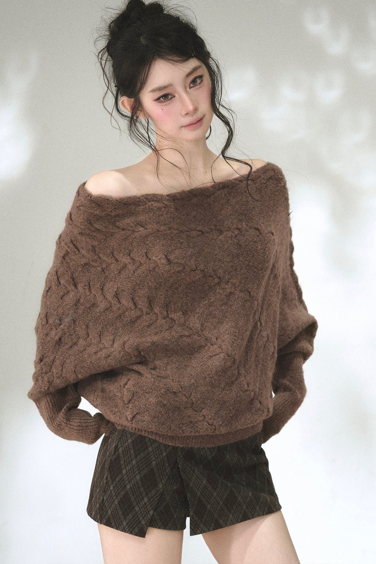 Diagonal Cable Knit Off-Shoulder Sweater