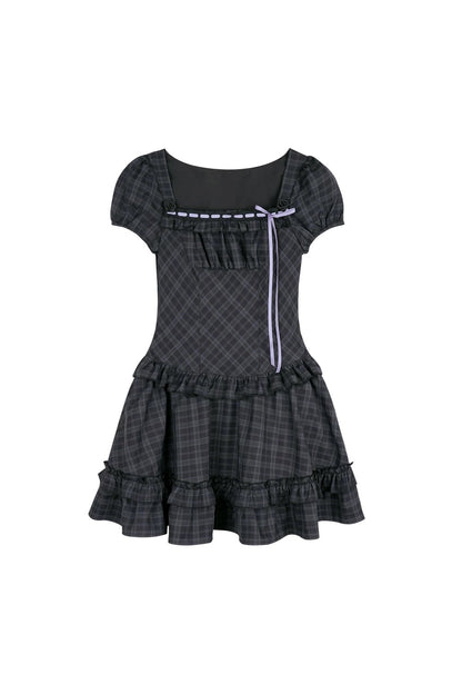 Rose Plaid Lolita Square Neck Dress