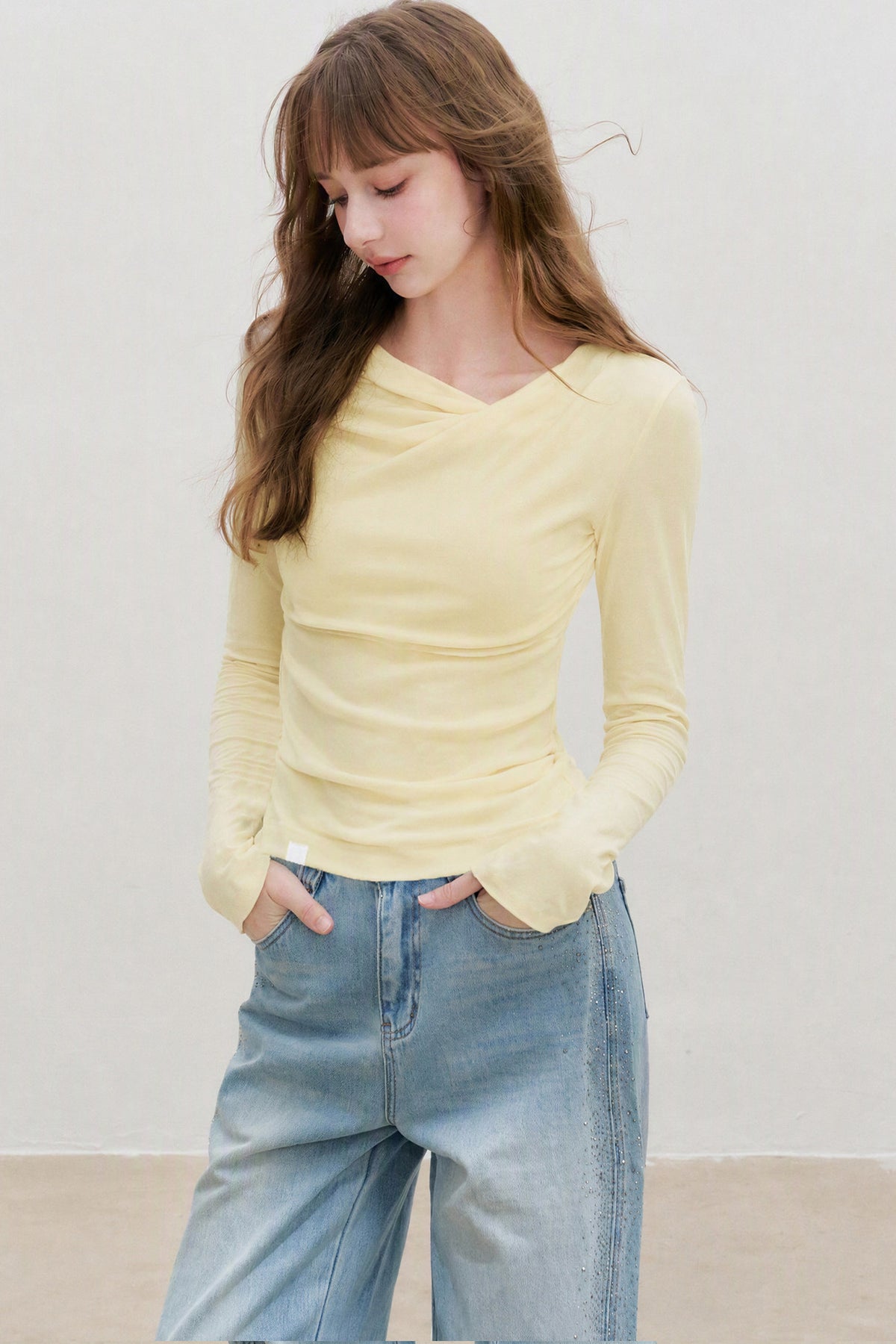 Lyocell Overlapping Pleated Long-Sleeve T-Shirt