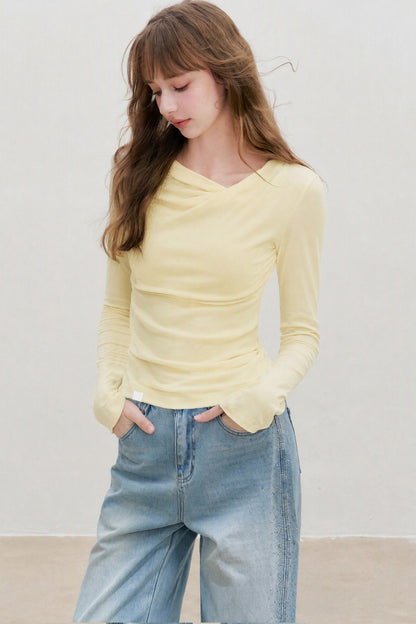Lyocell Overlapping Pleated Long-Sleeve T-Shirt