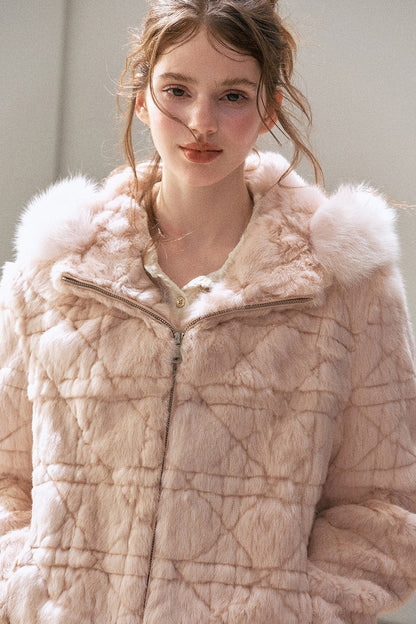 Quilted Faux Rabbit Fur Hooded Jacket