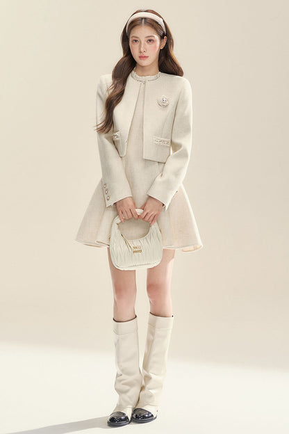 Ruffled Collar Jacket and Dress Set-Up