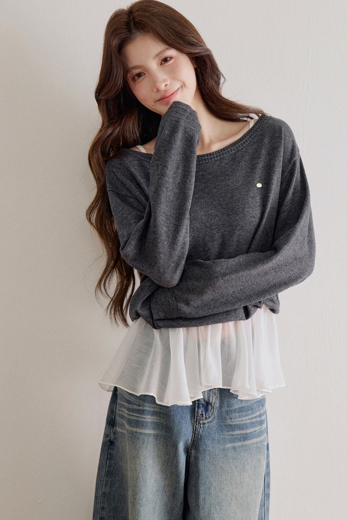 Wool Blend Mesh Patchwork Layered-Look Knit Top