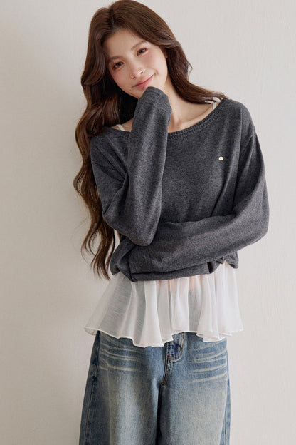 Wool Blend Mesh Patchwork Layered-Look Knit Top