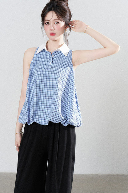 Blaue karierte Halter-Bluse