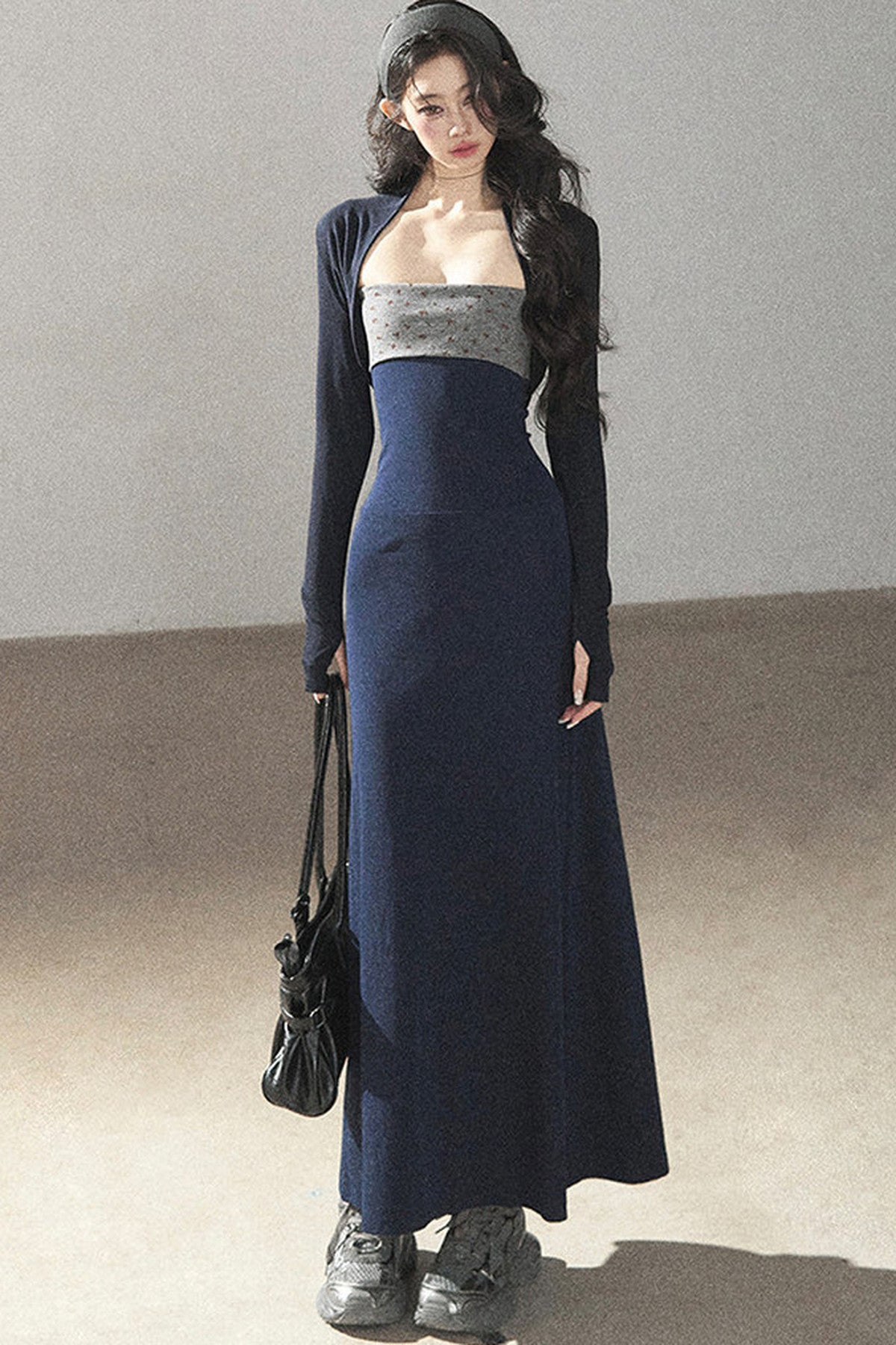 Navy Blue Strapless Bodycon Dress and Cardigan Set-Up