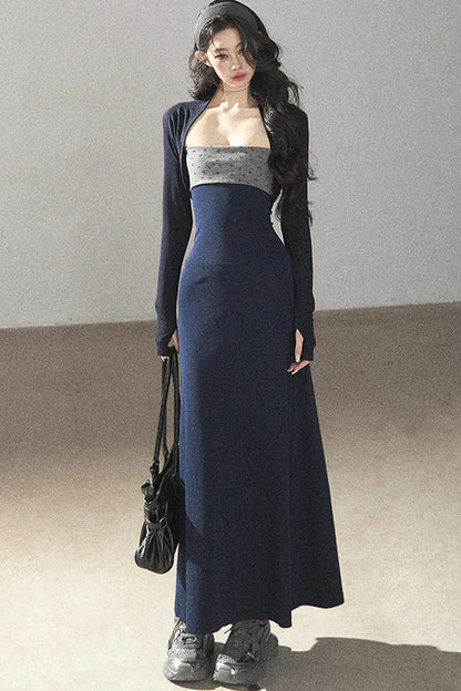Navy Blue Strapless Bodycon Dress and Cardigan Set-Up