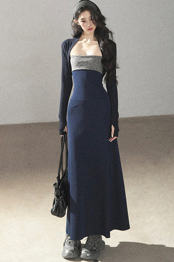 Navy Blue Strapless Bodycon Dress and Cardigan Set-Up