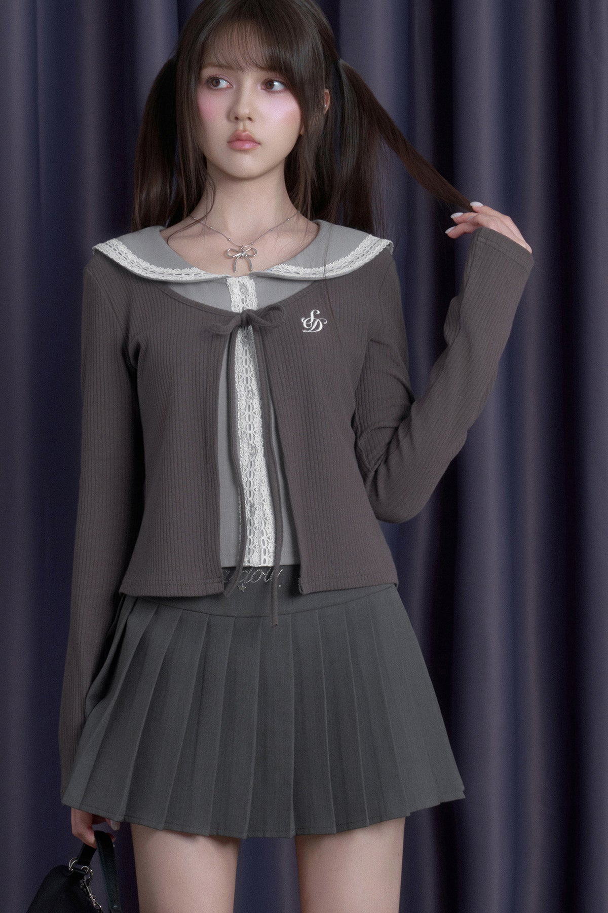 Gray Lace Sailor Collar Top and Skirt Set-Up