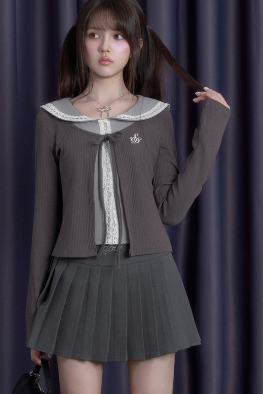 Gray Lace Sailor Collar Top and Skirt Set-Up