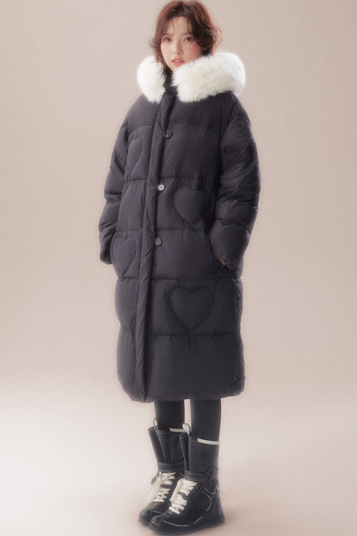 Long Heart Quilted Fur Collar Down Coat