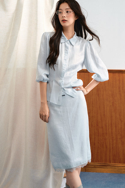 Lace Trim Puff Sleeve Top and Skirt Set-Up