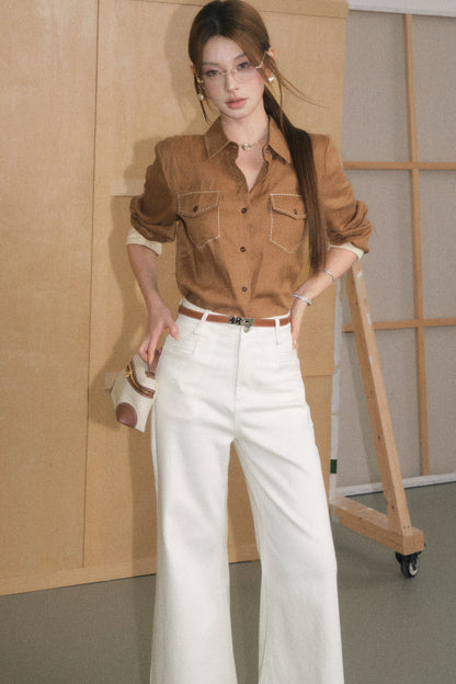 Color-Blocked Linen Shirt and White Pants Set-Up