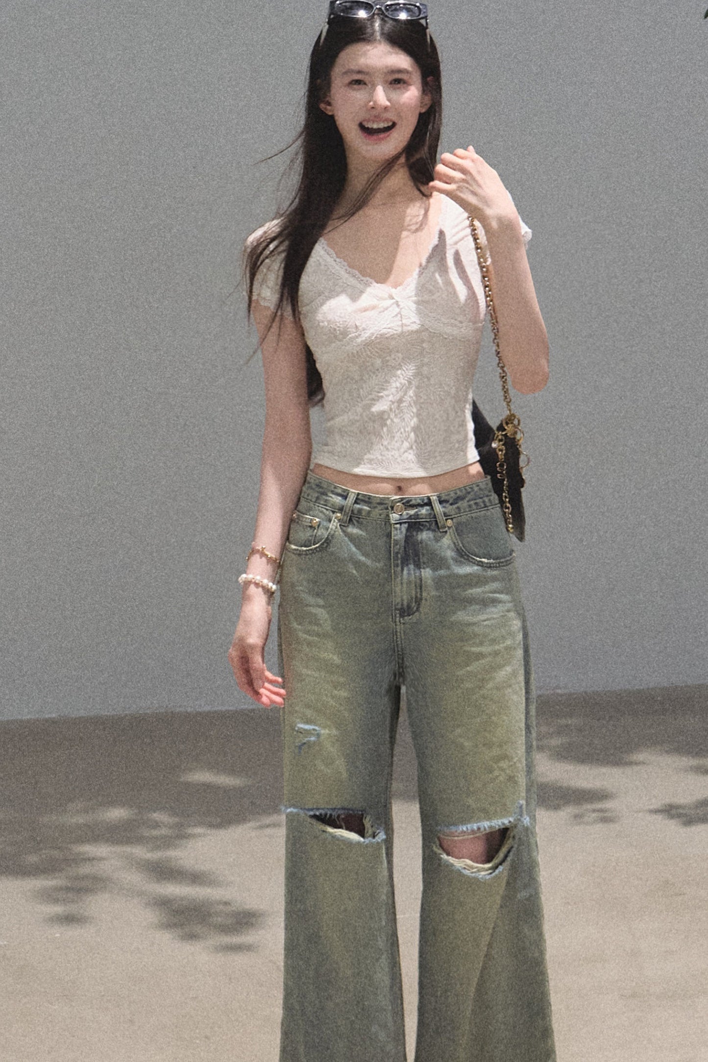 V-Neck White Lace Trim Short-Sleeve Top