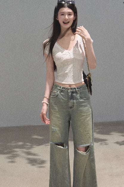 V-Neck White Lace Trim Short-Sleeve Top