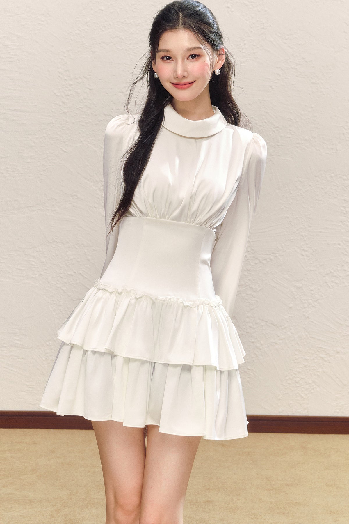 Satin Ruched Ruffle Dress