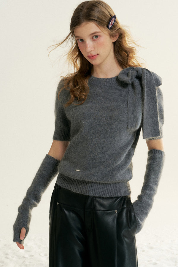 Bowknot Puff Sleeve Knitted Sweater