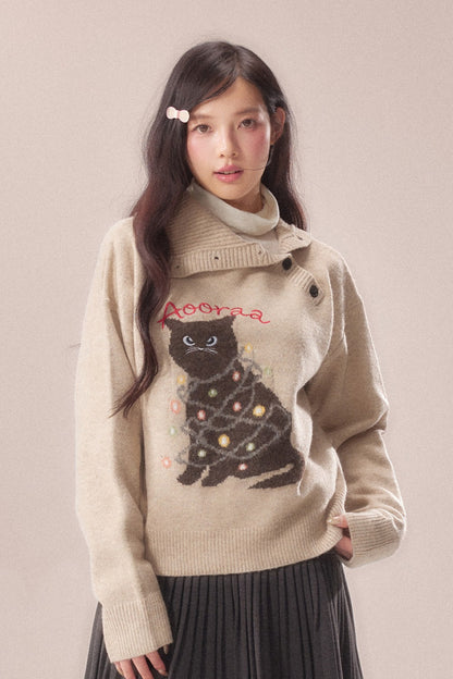 Diagonal Placket Cat Knit Pullover