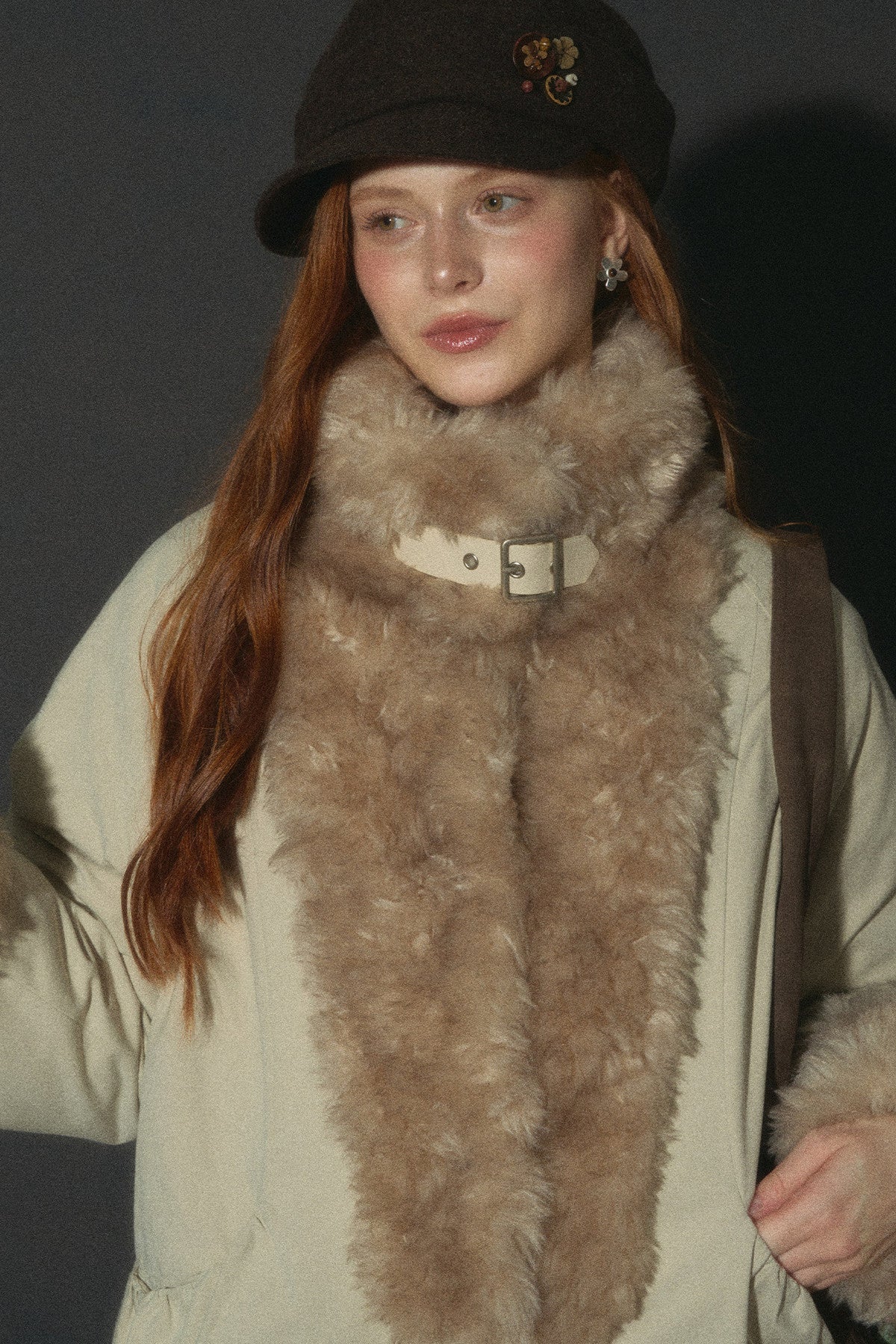 Wheat Spike Floral Plush Stand Collar Jacket