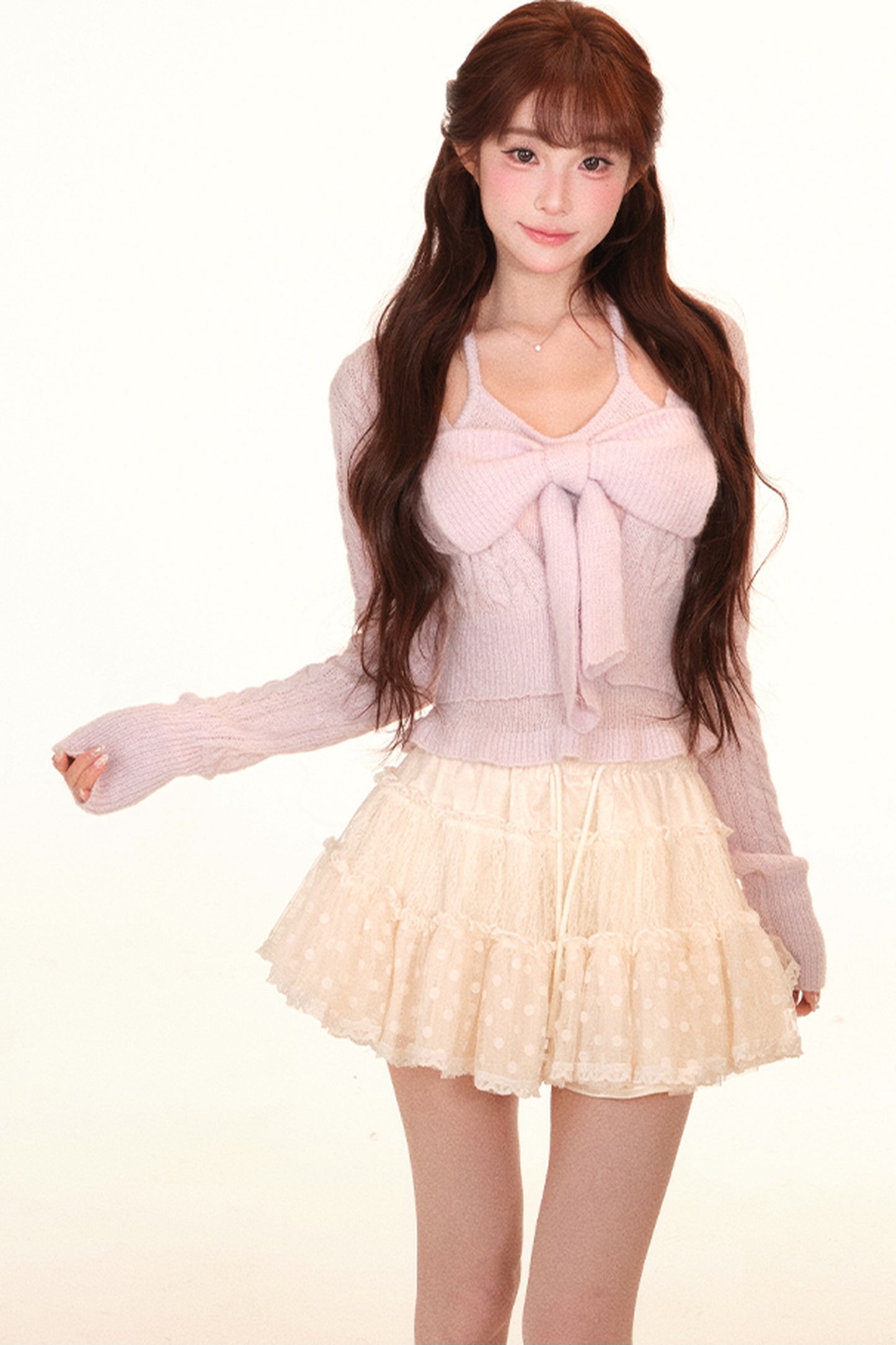 Two-In-One Bow Sweater and Polka Dot Lace Puff Skirt Set-Up