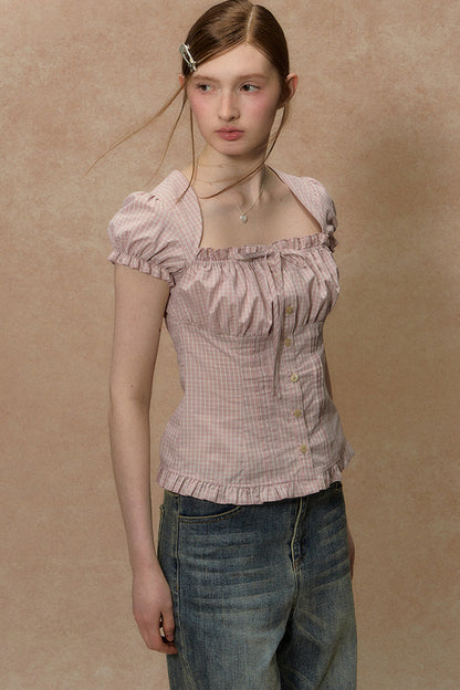 Plaid Puff Sleeve Ruched Top
