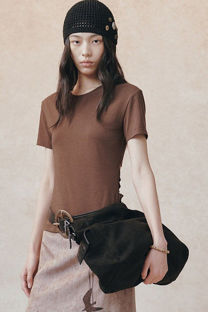 Backless Pleated Hollow-Out Short-Sleeve T-Shirt