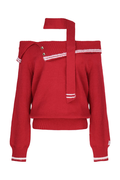 Ensemble pull tricoté rouge à épaules dénudées