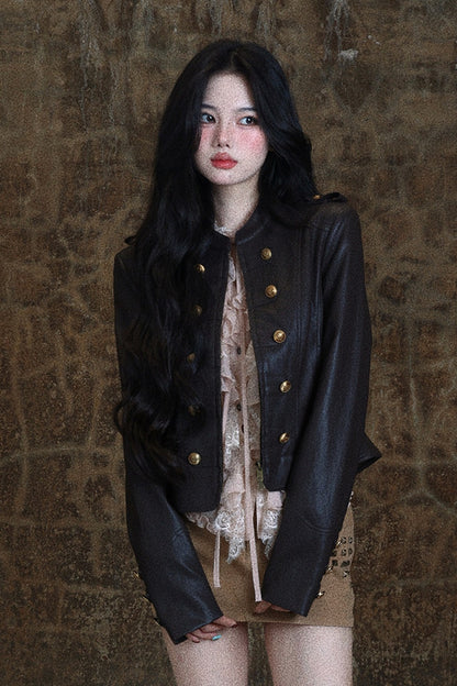 Napoleon Double-Breasted Short Leather Jacket