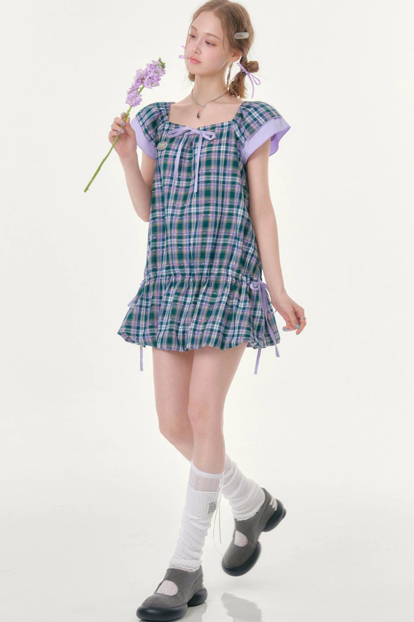 Purple Plaid Flutter Dress